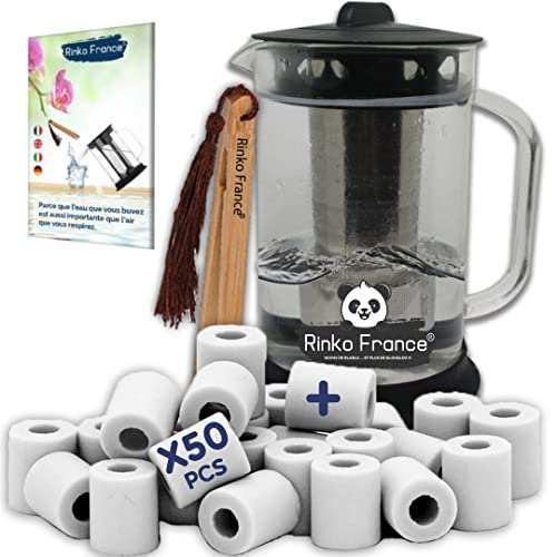 RINKO FRANCE |Pack Carafe d'Eau 1,5 L avec 50 perles de céramique EM 100% BIO Purification Naturelle de l'eau Potable avec Pince en Bambou et E-Book offert