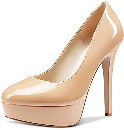 NobleOnly Damen Lederfutter Plattform High Heels Stilettos Slip-On Pumps 13CM Heel Beige Nackt Lackleder Schuhe EU35