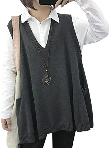 TBSCWYF Femmes Pulls Gilets Tricoté sans Manches À Col en V, Ribbed Pull-Over Tops Hauts Oversize Pull Chaud Classique Débardeurs Chandail Automne Hiver Bureau