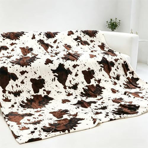Manta King para cama y sofá, manta con estampado de vaca, tamaño King, extra grande, suave y acogedora, decoración de ropa de cama ligera de felpa estilo occidental para dormitorio, sala de estar y