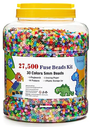 27,500 pcs Fuse Beads Kit for Kids Crafts, 30 Colors Iron Beads Set with 3 Pegboards, 5 Ironing Paper, 10 Patterns, Gifts for Birthday Christmas, Multicolor 5mm Melty Beads Bulk Refill Kit by Inscraft