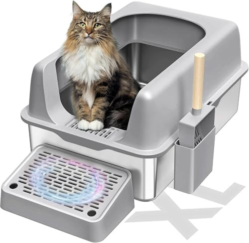 KMNSUN katzenklo Edelstahl XXL, 61x 41x 31CM Halbgeschlossen Edelstahl Katzenklo, Große Kapazität, Auslaufsicher, Verschüttungssicher und Leicht zu Reinigen, Mit Pedal und Spaten