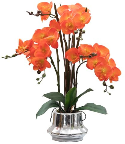 CXGS Künstliche Orchidee, 52 cm, fühlt sich echt an, in Keramikvase, Orange, künstliche Phalaenopsis-Blumenarrangement, Seidenorchideen mit Stielen für Tafelaufsatz, Tisch, Heimdekoration,