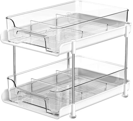 2 Tier Under Sink Organizer and Storage, Sliding Multipurpose Storage Unit, Kitchen Pantry Organization, Pull Out Medicine Cabinet Organizer for Storing Kitchen Spices, Bathroom, Skincare (White)
