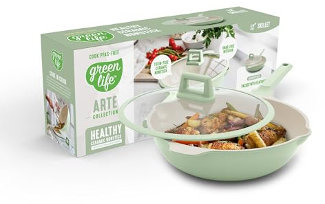 GreenLife Nonstick 12” (5QT) All in One Deep Skillet Wok with Lid, PFAS-Free Non-Toxic Ceramic Multi-Purpose Pan, Induction, All Stovetop, Egg, Stir Fry, Saute, Stay Cool Handle, Sage Green
