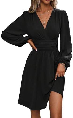LIAMERHE Mini Robe Femme Manches Longues Col V Chic et Elegant Robes Manches Lanternes Automne et Hiver A-Line Casual Robe Casual pour Fête Noël Mariage Noir S