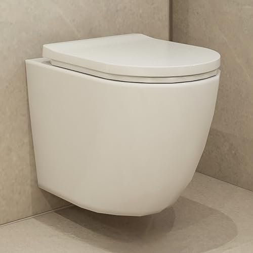 SHELVACI UNIQUE DESIGNS® - Premium Hänge-WC Toilette Keramik inkl. Toilettendeckel Weiß glänzend (Komplett-Set) - Spülrandloses Wand WC hängend, rund Gr. 490x360x360 - Wand-Toilette Absenkautomatik