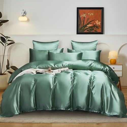 YASMENG Parure de lit 3 pièces en satin 220 x 240 cm - Vert herbe uni - Satin brillant - Lisse - Doux et soyeux - Avec fermeture éclair et 2 taies d'oreiller de 80 x 80 cm
