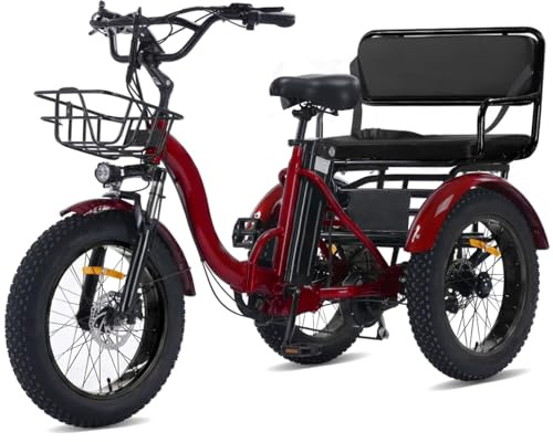 Two Seater Electric Tricycle for Adults Peak 1350W Motor 48V15.6Ah Folding E Trike,20x4.0 Aluminum Fat Tire 3 Wheel Ebike PAS MAX 85miles Range 2 Person Electric Trike with Passenger seat Red