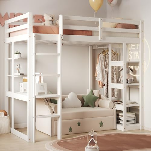 Generisch Lit mezzanine en bois massif avec échelle 90 x 200 cm, avec table et étagères, avec cintres et étagères simples, lits pour adolescents, lits simples, blanc