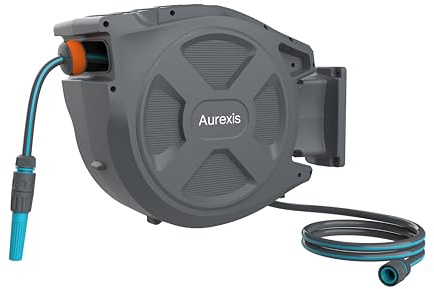 Aurexis Schlauchaufroller mit 25 Meter Wasserschlauch - 1/2 Zoll - UV beständig - 8 bar Maximaldruck - Wandmontage automatischer Rückzug - Gartenbewässerung