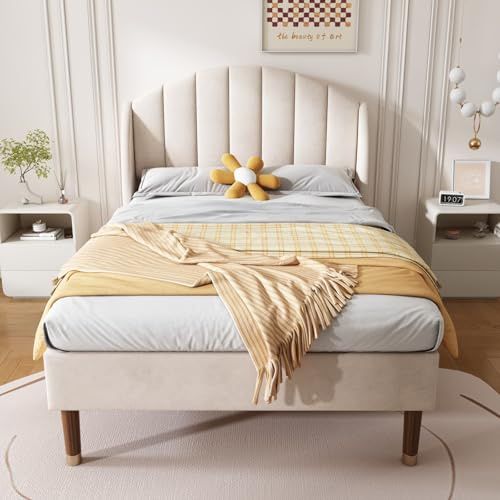 KOMHTOM Lit Simple Rembourré en Velours avec Tête de lit, Lit Plateforme pour Adolescents et Adultes,Chambre à Coucher(sans Matelas)(Beige, 90 x 200cm)