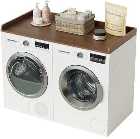Apetaccat Arbeitsplatte für Waschmaschine und Trockner, Wasserabweisende Waschmaschinenabdeckung, Waschmaschinenregal mit Anti-Rutsch-Pads und Sicherheitsleiste, Abdeckung Waschmaschine Holz, Walnuss
