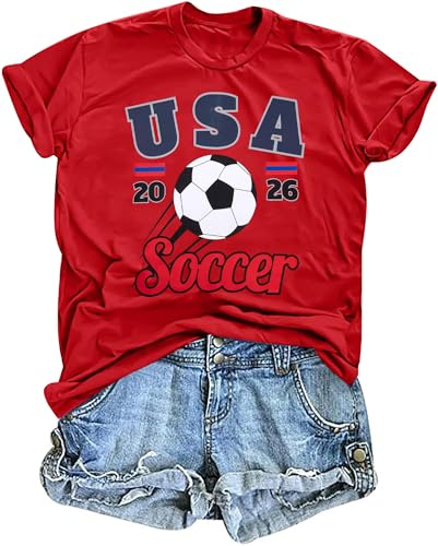 BANGELY Soccer Cup 2026 Shirt Women USA Football Match Season Jersey Game Day T-Shirt Funny Soccer Graphic Short Sleeve Shirt Red