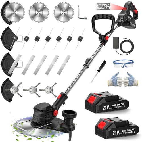 SMILOVII Desbrozadora Bateria 21V con Pantalla LCD, Cortabordes Eléctrico 850W con 2 Baterías 2.0Ah y Ruedas, Recortabordes Potente 4 en 1 para Jardín, Maleza y Caminos, Negro
