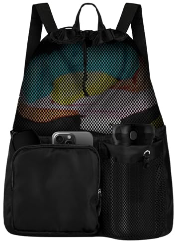 Alaoo Sac de Sport en Maille, Léger Pliable Sac à Cordon Imperméable avec Poches Multiples, Sac à Cordes Gym Sport Femme/Homme Multifonction Sac de Gym pour Voyage Gym Plage Piscine，Noir，A