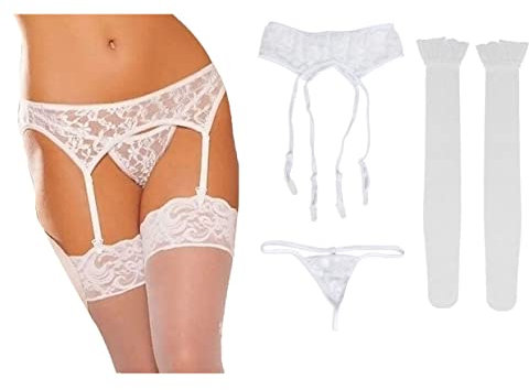 Damen strapsstrümpfe Gürtel Spitze Dessous Oberschenkel Hohe Strümpfe mit Strumpfgürtel E, Weiß- Eine Größe