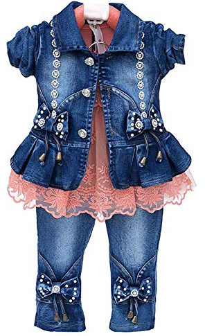 6M-4 Ans Printemps Automne bébé Filles Ensemble de vêtements 3 pièces T-Shirt à Manches Longues Veste en Jean et Jean