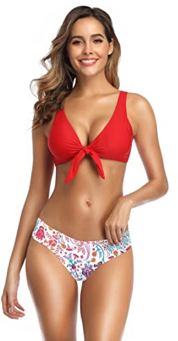 SHEKINI Mujer Traje de Baño Dos Piezas Elegante Cuello Bajo Ajustable Bikini Top Bañador Bikini Set Cintura Baja Triángulo Parte Inferior de Bikini