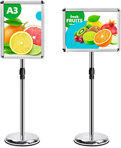VAIIGO Soporte para Carteles A3 Ajustable y Giratorio – Soporte de Información, Publicitario y de Anuncio con Esquinas Redondeadas, Porta Carteles y Atril, Expositor para Menú Oficina y Tienda – Plata