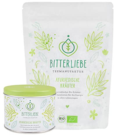 BitterLiebe® Teemanufaktur Ayurvedische Kräuter Set mit Vorratsdose (120g) und Nachfüllbeutel (240g) I Bio Kräutertee lose mit der Kraft der Bitterstoffe