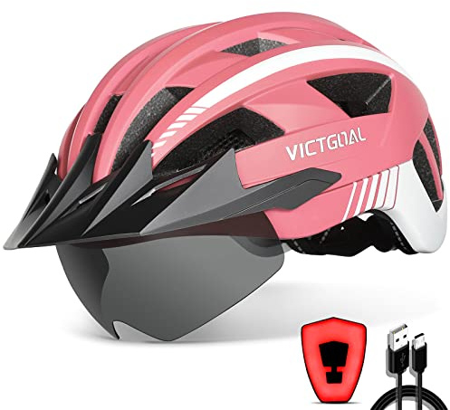 VICTGOAL Fahrradhelm Herren Damen MTB Helm mit Abnehmbarer Magnetische Schutzbrille Visier Atmungsaktiv mit 21 Belüftungskanäle Radhelm Einstellbare Fahrradhelme (M: 54-58cm, Rosa)