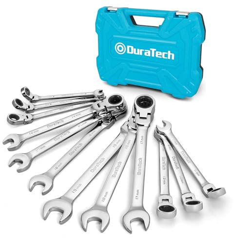 DURATECH Juego de llaves de carraca con cabeza flexible de 12 piezas, 72 dientes, sistema métrico, 8-19 mm, acero al cromo-níquel, organizadas en maletín de almacenamiento