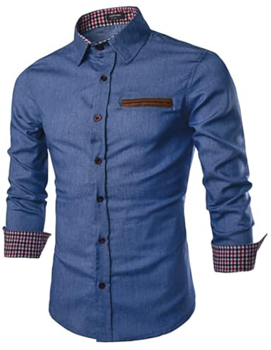 COOFANDY Men's Long Sleeve Denim Shirts with Checked Collar | Smart Casual Cowboy Shirt, Button Down Work Dress Shirt, Vintage Western Shirts for Men, Slim Fit, S-4XL