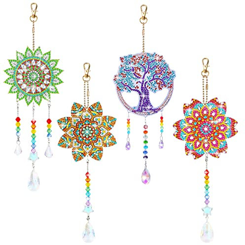 AFUNTA 4-teiliges Diamant-Kunst-Gemälde-Set, DIY-Diamant-Kunst-Gemälde, Sonnenfänger, Windspiele, doppelseitig, Kristallblumen und Bäume, Diamantkunst, Fensterdekoration