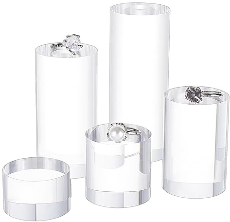 BENECREAT 5pcs Clear Acrylic Display Block - 3/4/6/8/10cm Round Cylinder Solid Pedestal Stand for Jewelry, Gem, Pop Figures & Cosmetic Showing