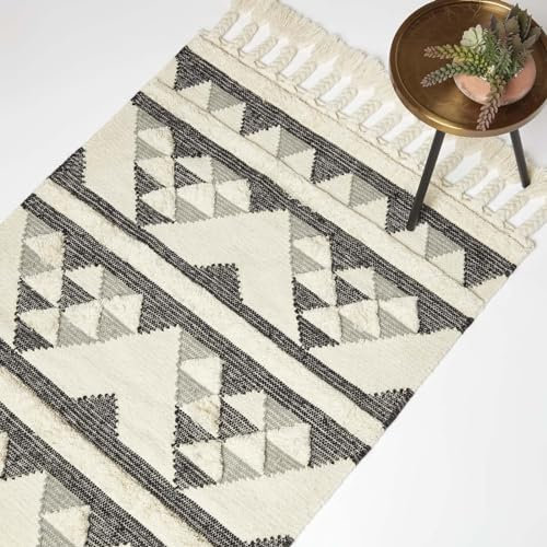 Homescapes Kota Kelim Teppich schwarz-grau-Creme 160x230 cm, Fransen-Teppich handgewebt aus Wolle