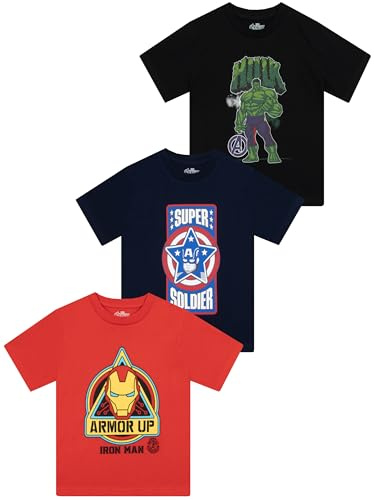 Marvel T-Shirt 3 Paquets, Avengers Tee Shirt Enfant Garcon, Cotone T Shirt Garcon pour D’été Multicolore 5-6 Ans