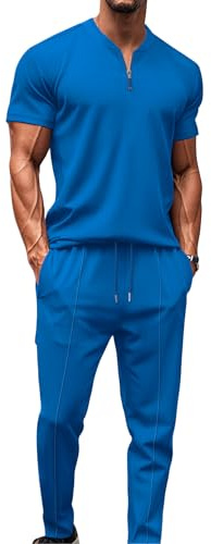 DONYKARRY 2-Teilige Herren Jogging Anzug Trainingsanzug Sportanzug Aus Baumwolle Fitnessraum Kurzarm Oben+ Hose Tracksuit Atmungsaktiv Hausanzug Set(Blau,M)