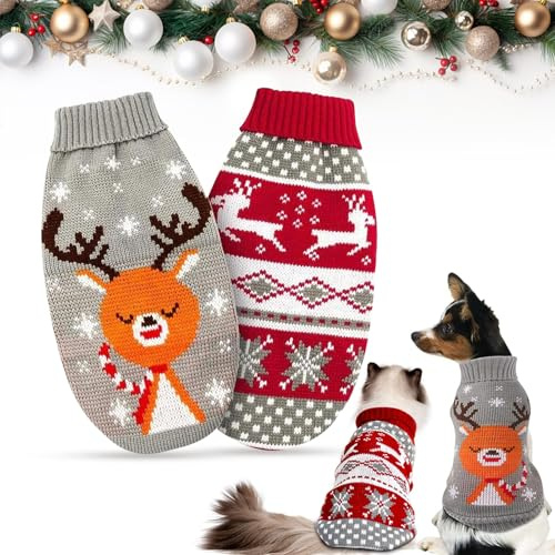 2 Piezas Suéter Navideño para Mascotas, Suéter Perros, Disfraz de Punto de Perro Patrón de Reno, para Perros Pequeños y Gatos