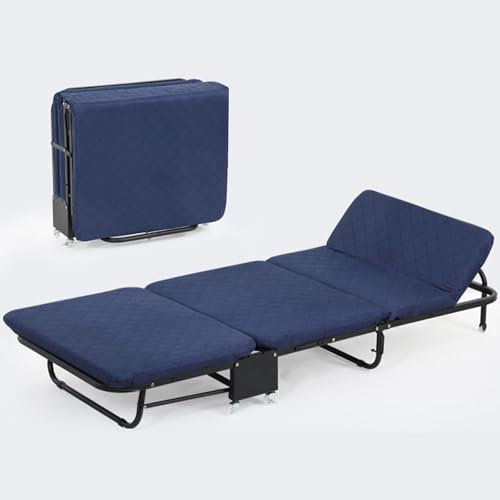 Roll Away Beds with Mattresses for Adults Metal Foldable Beds, Office Folding Cots, Modern Minimalist Folding Beds, 5 Speed Adjustable for Living Room, Office(Blue,180x26x75CM)
