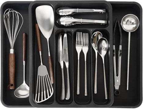 samsto Besteckkasten für Schubladen - Verstellbarer Besteckeinsatz - Schubladeneinsatz Küche - Besteck Organizer - (28-50) x36x5.5cm - Schwarz