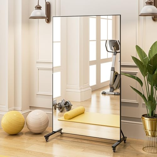 Home Gym Rolling Mirror 68 x 40, Extra Large Full Length Fitness Mirror, Big Mobile Tempered Glass Floor Mirror 360° Swivel on Wheels for Workout, Garage, Dance Studio & Yoga, Bedroom, Black