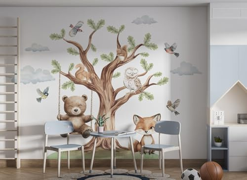 Osomhome Sticker mural décoratif pour chambre d'enfant Motif animaux de la forêt - Papier peint autocollant pour chambre d'adolescent - Grand arbre, ours en peluche sur une balançoire (chêne, XL)