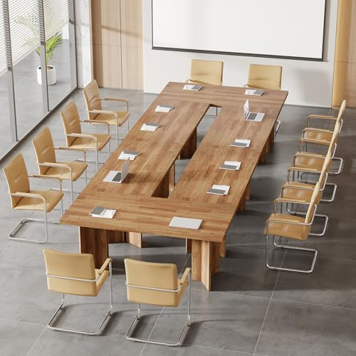 Tribesigns 320CM Conference Table, Large Rectangle Meeting Seminar Table for 10-12 Person, Long Wooden Business Tables, Home Office Computer Desk (Set of 6, Walnut)