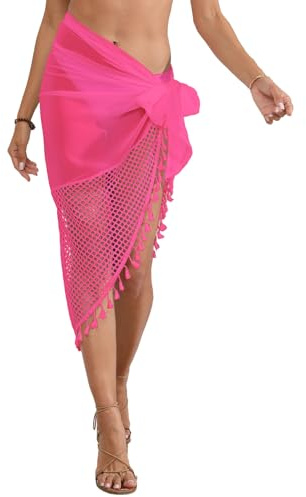 NLAND Pareo Donna Mare Gonna da Spiaggia Chiffon Wrap Pareo Spiaggia Scialle Bagno per Donna Bikini Cover Up Hollow out Tassle Copricostume,Rosa Taglia Unica