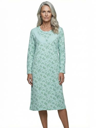 Tidlöst nattlinne dam långärmad Helene med krysantemum M-6XL sovskjorta liten knappslå med prägling på bröstet, Mint, XL