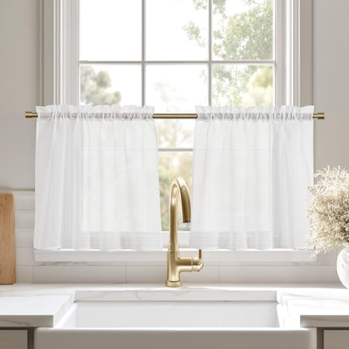 KGORGE Fönstergardiner 60 cm hög köksgardin, vit, transparenta gardiner, korta gardiner för köksfönster med stångficka, korta gardiner och fönstergardiner för skåp/husvagn, B 60 x H 60 cm