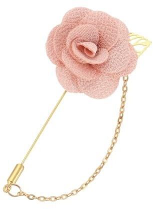 QUARKZMAN Broche De Solapa De Rosa Para Hombres Flor Con Cadena Color Nude | De Hoja De Oro, Accesorio De Camelia De Tela Hecho A Mano Para Esmoquin Boda