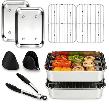 Yallmie Fuente de Acero Inoxidable para Airfryer, Accesorios Freidora de Aire Cosori con 2 Cuencos + 2 Parrillas, Pinzas y Guantes Compatible con Ninja AF300EU/AF400EU/AF451EU/AF500EU