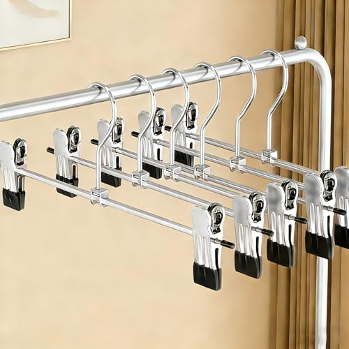 Perchas para pantalones de metal, juego de 20, perchas para faldas, 40 cm de largo, perchas con clips ajustables para pantalones, calcetines y faldas, ahorro de espacio, ganchos giratorios 360° (20)
