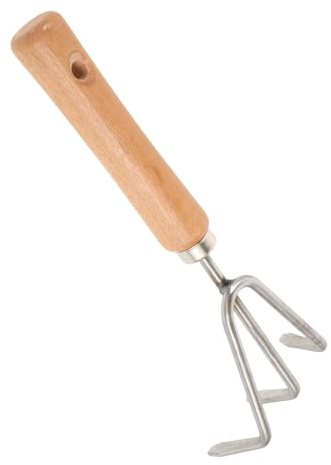 PAMINGONO Pequeño rastrillo de tridente de acero inoxidable y mango de madera para aflojar el suelo y eliminar malas hierbas para camping y actividades al aire libre como práctica herramienta de
