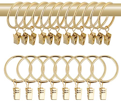 40 Pcs 1.5 Metal Curtain Rings with Clips, Drapery Hanging Rings Clips for Tension Rod Bracket Eyelets Decorative Hangers, Gold