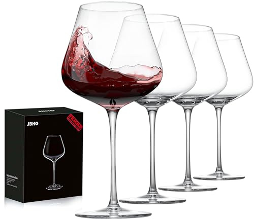 JBHO Set of 4-21 Ounce Hand Blown Italian Style Crystal Burgundy Wine Glasses - Lead-Free Premium Crystal Clear Glass - Gift-Box for any Occasion