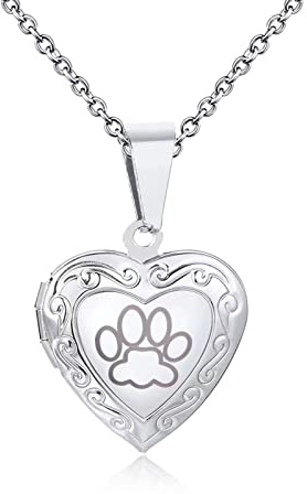 KunBead Jewelry 20 inch Custom Personalised Paw Print Pet Memorial Love Heart Photo Locket Necklace with Picture inside-Stainless Steel