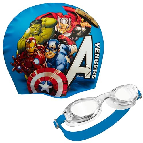 Marvel Children's Swimming Goggles and Swim Cap Set Anti-Fog UV Protection (Blue Avengers, 6-14 Years)